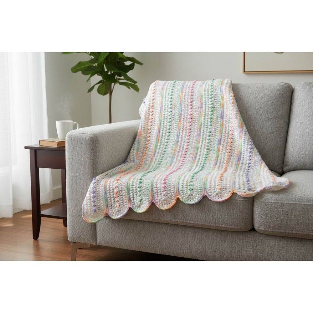 Vintage Handmade Crochet Popcorn Bobble Blanket Rainbow Pastel 50x54 Scalloped